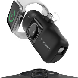 „Wozinsky WF16-YCS“ 5000mAh 15W USB-C mini išorinė baterija su integruotu USB-C laidu ir „Apple Watch“ įkrovikliu – juod...