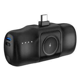 „Wozinsky WF16-YCS“ 5000mAh 15W USB-C mini išorinė baterija su integruotu USB-C laidu ir „Apple Watch“ įkrovikliu – juod...