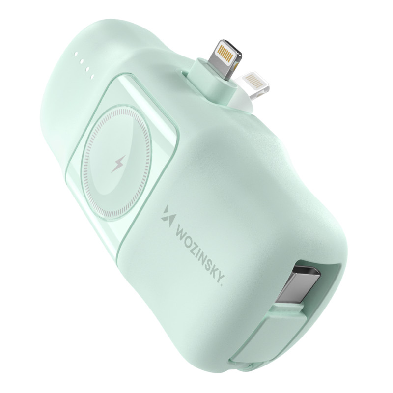 „Wozinsky WF16-YLS“ 5000mAh 15W „Lightning“ mini išorinė baterija su integruotu USB-C laidu ir „Apple Watch“ įkrovikliu ...