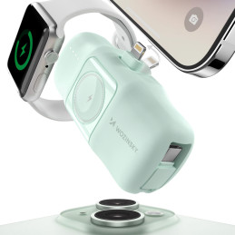 „Wozinsky WF16-YLS“ 5000mAh 15W „Lightning“ mini išorinė baterija su integruotu USB-C laidu ir „Apple Watch“ įkrovikliu ...