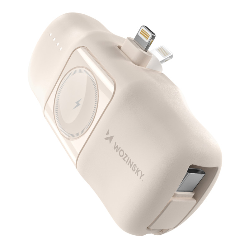 „Wozinsky WF16-YLS“ 5000mAh 15W „Lightning“ mini išorinė baterija su įmontuotu USB-C laidu ir „Apple Watch“ įkrovikliu –...