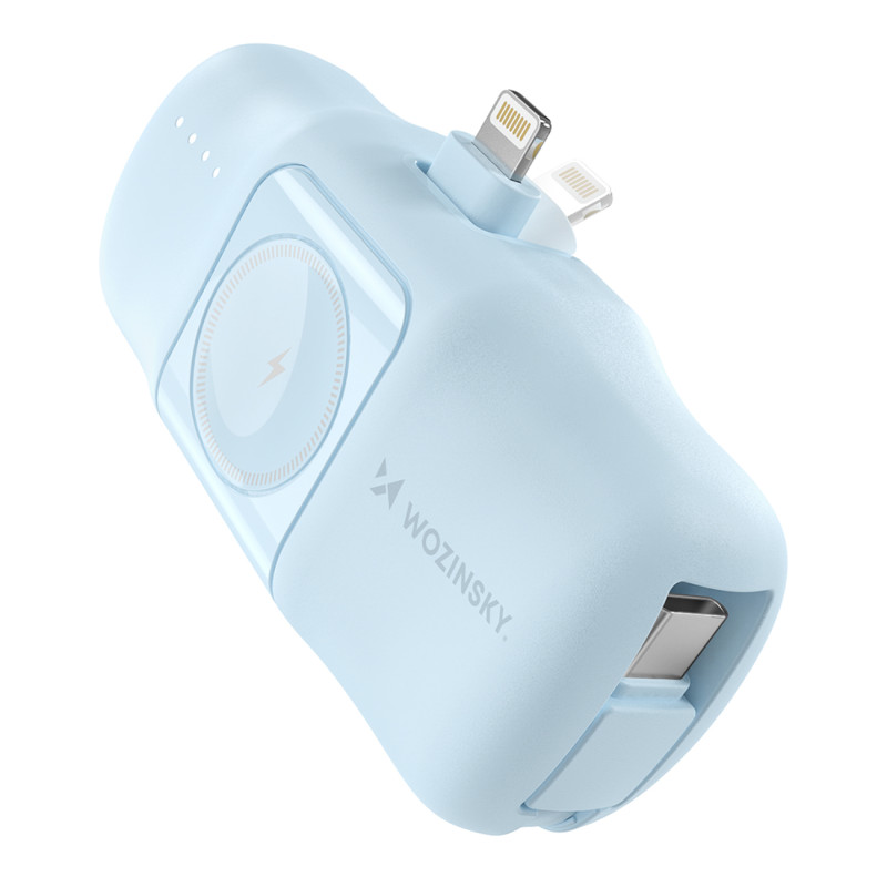 „Wozinsky WF16-YLS“ 5000mAh 15W „Lightning“ mini išorinė baterija su integruotu USB-C laidu ir „Apple Watch“ įkrovikliu ...