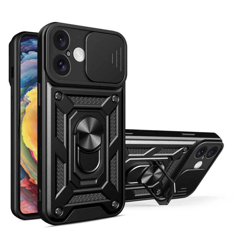 „Hybrid Armor Camshield“ šarvuotas dėklas „iPhone 16 Plus“ su kameros dangteliu ir stovu – juodas