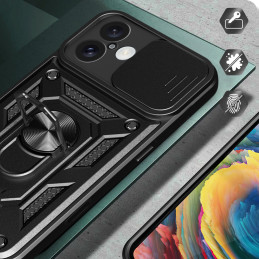 „Hybrid Armor Camshield“ šarvuotas dėklas „iPhone 16 Plus“ su kameros dangteliu ir stovu – juodas