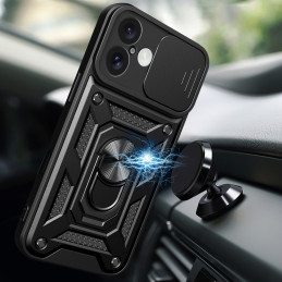 „Hybrid Armor Camshield“ šarvuotas dėklas „iPhone 16 Plus“ su kameros dangteliu ir stovu – juodas