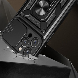 „Hybrid Armor Camshield“ šarvuotas dėklas „iPhone 16 Pro Max“ su kameros dangteliu ir stovu – juodas