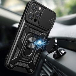 „Hybrid Armor Camshield“ šarvuotas dėklas „iPhone 16 Pro Max“ su kameros dangteliu ir stovu – juodas