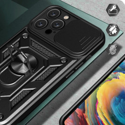 „Hybrid Armor Camshield“ šarvuotas dėklas „iPhone 16 Pro Max“ su kameros dangteliu ir stovu – juodas
