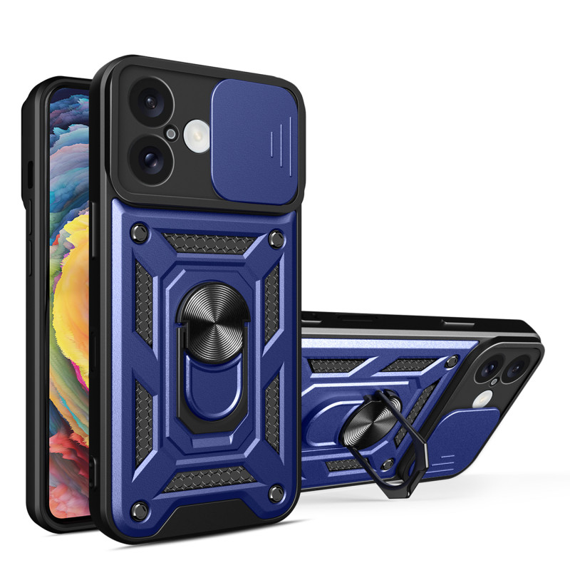 „Hybrid Armor Camshield“ šarvuotas dėklas „iPhone 16 Plus“ su kameros dangteliu ir stovu – mėlynas