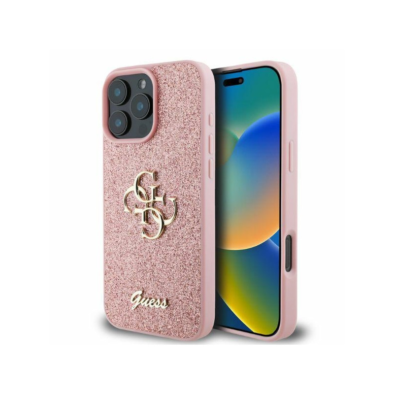 „Guess“ fiksuoto blizgučių dizaino „iPhone 16 Pro Max“ dėklas – rožinis