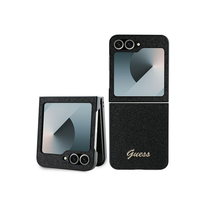 „Guess 4G“ blizgantis „Script“ dėklas, skirtas „Samsung Galaxy Z Flip 6“ – juodas