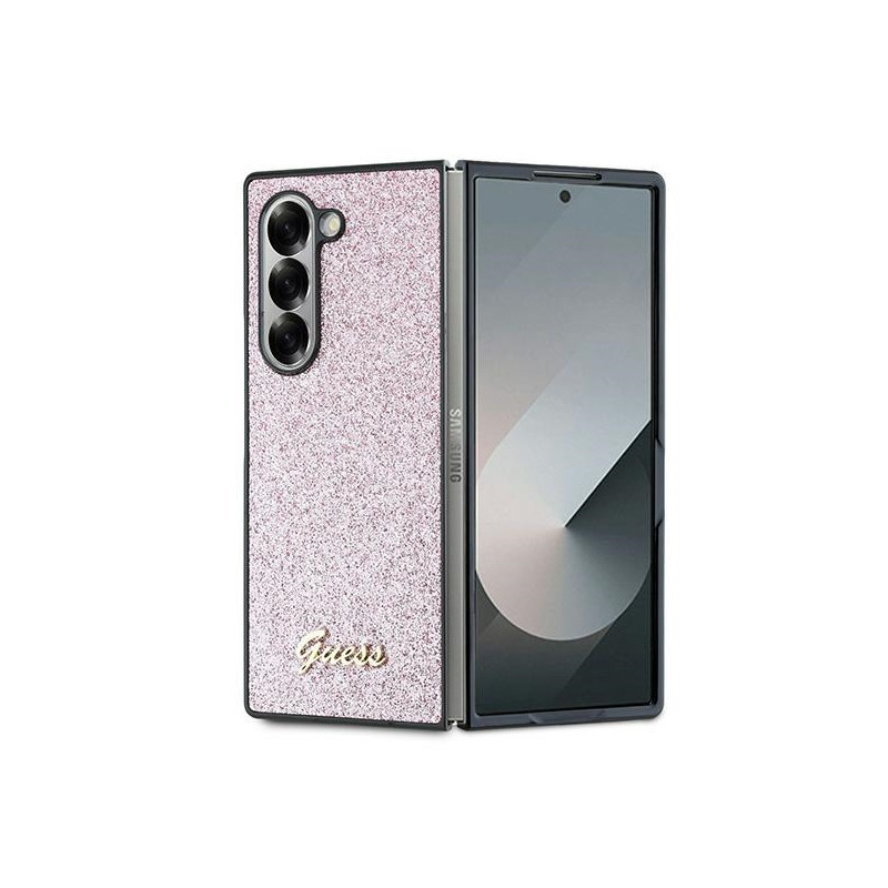 „Guess 4G“ blizgučių rašto dėklas, skirtas „Samsung Galaxy Z Fold 6“ – rožinis