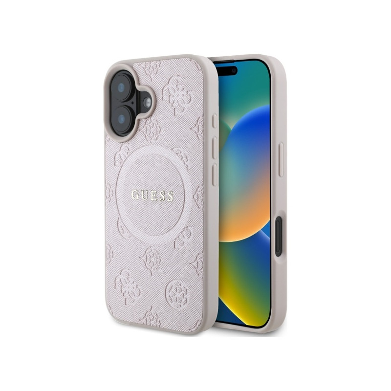 „Guess Saffiano Peony Classic Logo MagSafe iPhone 16“ dėklas – rožinis