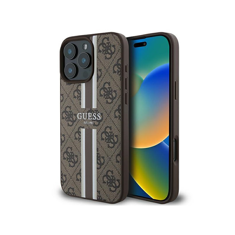 „Guess 4G“ spausdintų juostelių „MagSafe“ dėklas, skirtas „iPhone 16 Pro Max“ – rudas