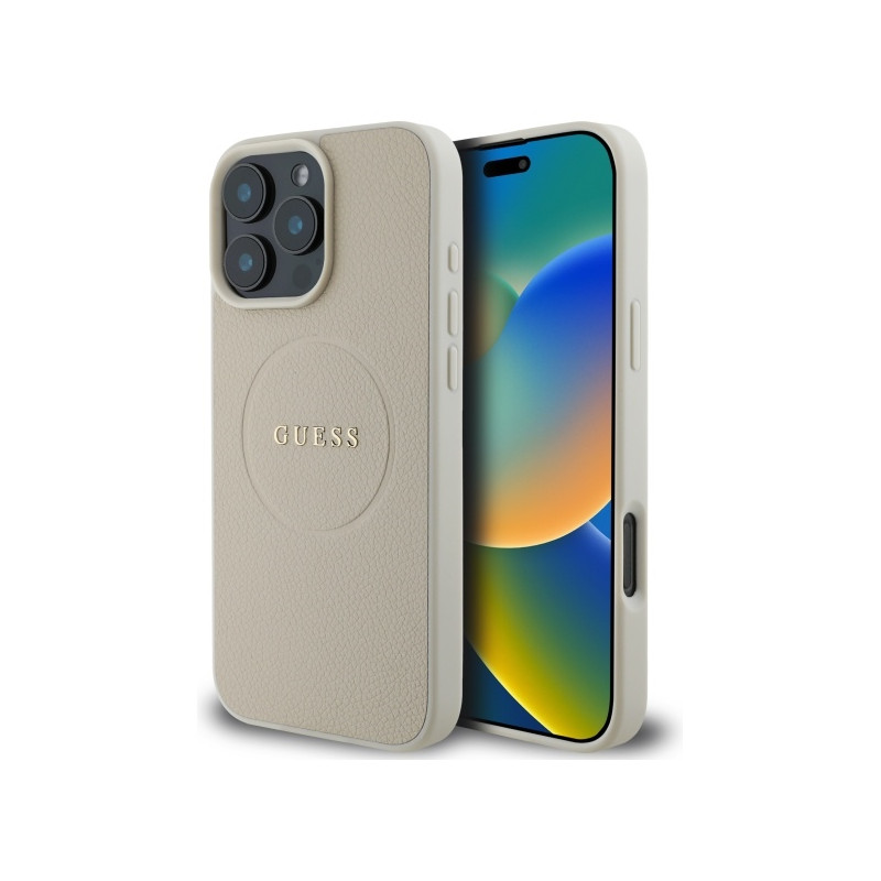„Guess“ grūdėto aukso spalvos „MagSafe“ dėklas, skirtas „iPhone 16 Pro Max“ – smėlio spalvos