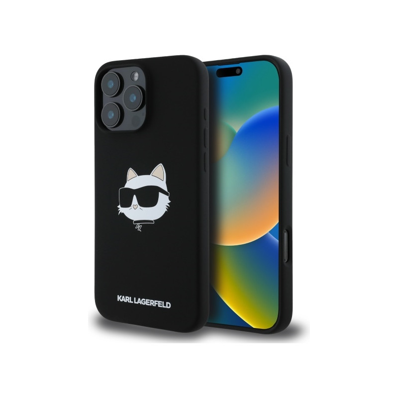 Karl Lagerfeld silikoninis „MagSafe iPhone 16 Pro“ dėklas su „Choupette“ galvos raštu – juodas