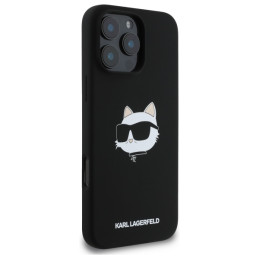Karl Lagerfeld silikoninis „MagSafe iPhone 16 Pro“ dėklas su „Choupette“ galvos raštu – juodas