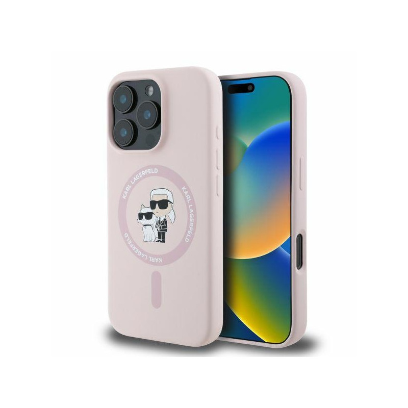 „Karl Lagerfeld“ silikoninis „Karl&Choupette Heads Ring MagSafe“ dėklas, skirtas „iPhone 16 Pro“ – rožinis