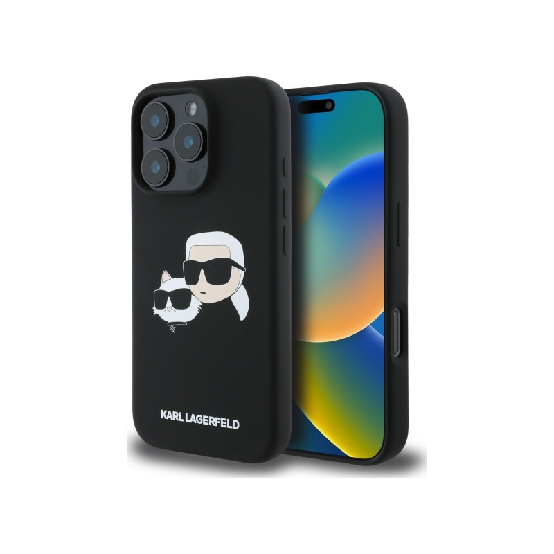 „Karl Lagerfeld“ silikoninis dėklas su galvučių spauda „MagSafe“, skirtas „iPhone 16 Pro“ – juodas