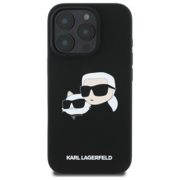„Karl Lagerfeld“ silikoninis dėklas su galvučių spauda „MagSafe“, skirtas „iPhone 16 Pro“ – juodas