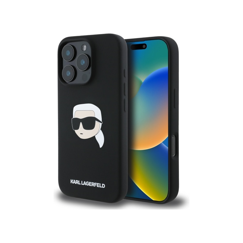 „Karl Lagerfeld“ silikoninis „MagSafe iPhone 16 Pro“ dėklas su „Karl Head“ atvaizdu – juodas