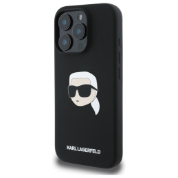 „Karl Lagerfeld“ silikoninis „MagSafe iPhone 16 Pro“ dėklas su „Karl Head“ atvaizdu – juodas