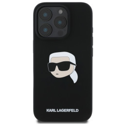 „Karl Lagerfeld“ silikoninis „MagSafe iPhone 16 Pro“ dėklas su „Karl Head“ atvaizdu – juodas