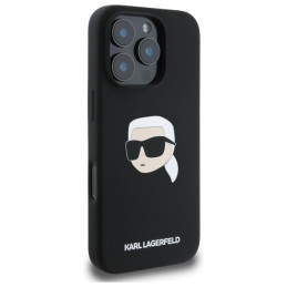 „Karl Lagerfeld“ silikoninis „MagSafe iPhone 16 Pro“ dėklas su „Karl Head“ atvaizdu – juodas
