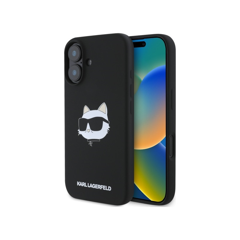 Karl Lagerfeld silikoninis „MagSafe iPhone 16“ dėklas su „Choupette“ galvos raštu – juodas