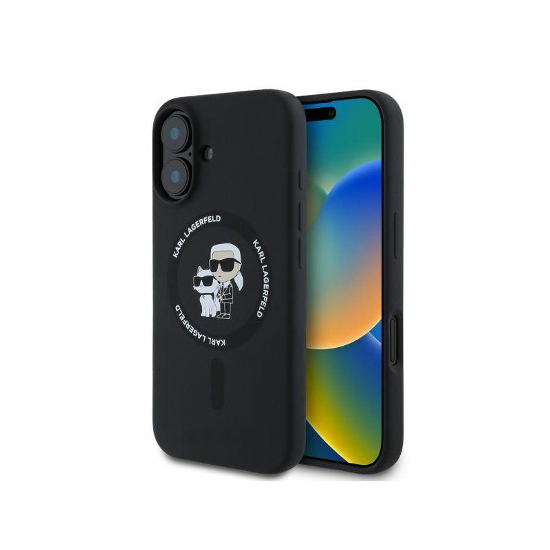 Karl Lagerfeld silikoninis „Karl&Choupette Heads Ring MagSafe iPhone 16“ dėklas – juodas