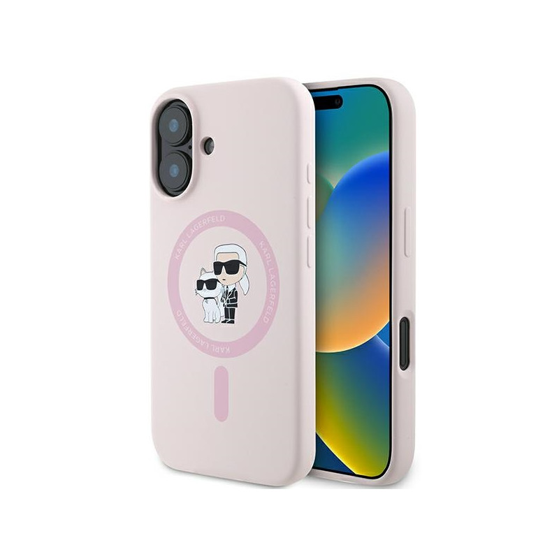 Karl Lagerfeld silikoninis „Karl&Choupette Heads Ring MagSafe iPhone 16“ dėklas – rožinis