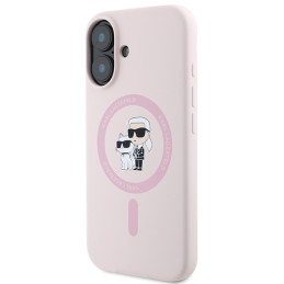 Karl Lagerfeld silikoninis „Karl&Choupette Heads Ring MagSafe iPhone 16“ dėklas – rožinis