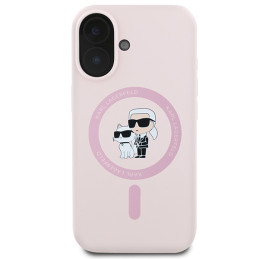 Karl Lagerfeld silikoninis „Karl&Choupette Heads Ring MagSafe iPhone 16“ dėklas – rožinis