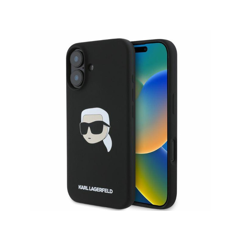 „Karl Lagerfeld“ silikoninis „MagSafe iPhone 16“ dėklas su „Karl Head“ atvaizdu – juodas