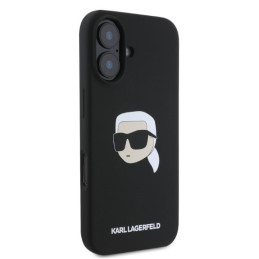 „Karl Lagerfeld“ silikoninis „MagSafe iPhone 16“ dėklas su „Karl Head“ atvaizdu – juodas