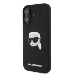 „Karl Lagerfeld“ silikoninis „MagSafe iPhone 16“ dėklas su „Karl Head“ atvaizdu – juodas