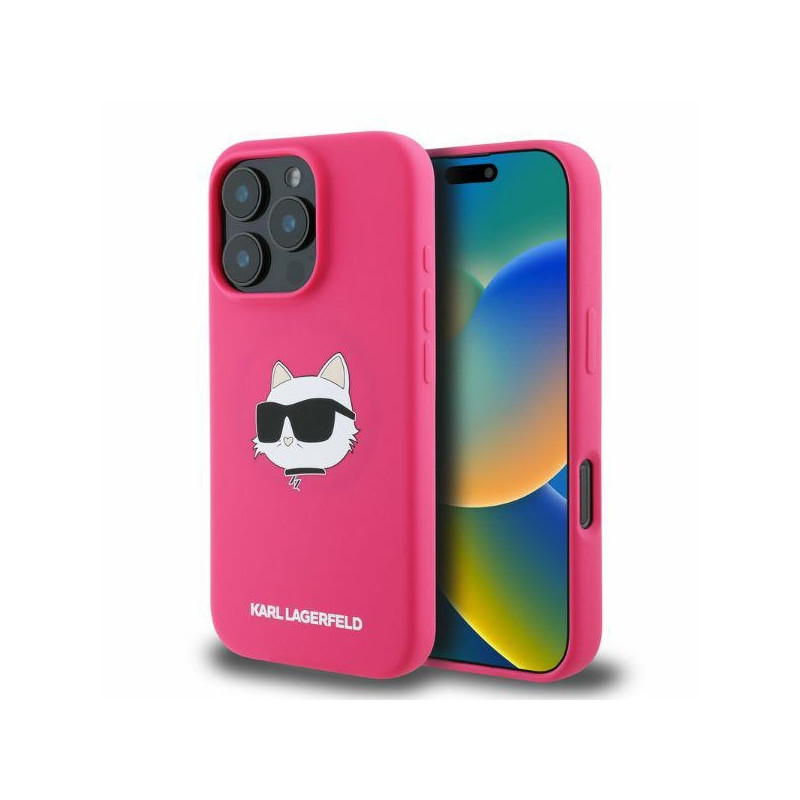 Karl Lagerfeld silikoninis „MagSafe iPhone 16 Pro Max“ dėklas su „Choupette Head“ raštu – fuksijos spalvos