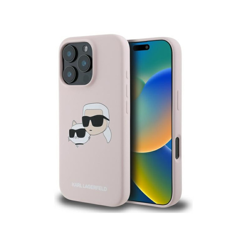 „Karl Lagerfeld“ silikoninis dėklas su galvučių spauda „MagSafe“, skirtas „iPhone 16 Pro Max“ – rožinis