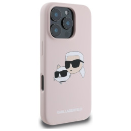 „Karl Lagerfeld“ silikoninis dėklas su galvučių spauda „MagSafe“, skirtas „iPhone 16 Pro Max“ – rožinis