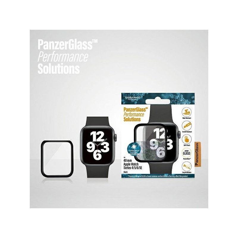 „PanzerGlass“ lenktas antibakterinis grūdintas stiklas, skirtas „Apple Watch 4/ 5/ 6/ SE“ - 40 mm - juodas