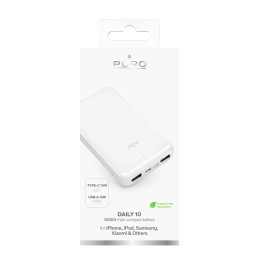 Nešiojamoji baterija „Puro White“ 10000mAh 12W 2xUSB-A + USB-C - balta