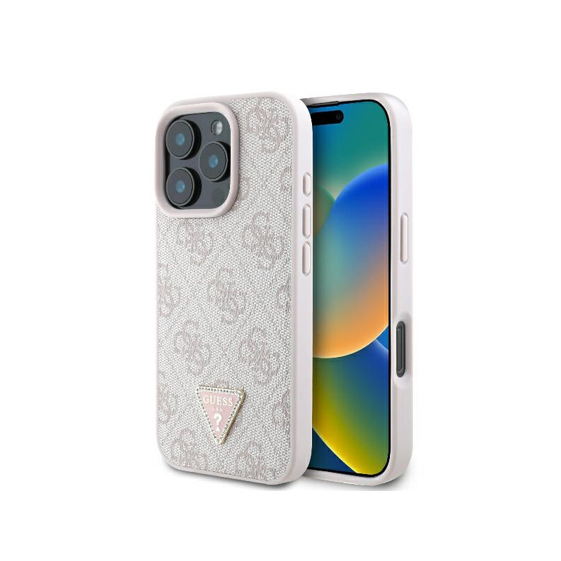 „Guess“ odinis 4G trikampio formos Strass MagSafe dėklas, skirtas iPhone 16 Pro Max – rožinis