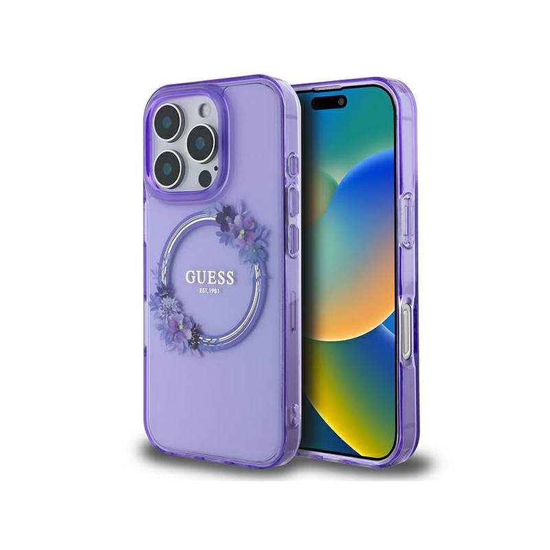 „Guess IML Flowers Wreath MagSafe iPhone 16 Pro“ dėklas – violetinis