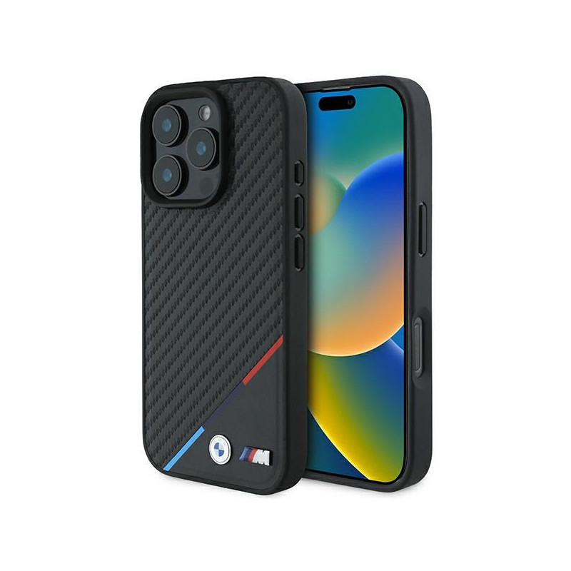 BMW M Carbon Tricolor Line MagSafe dėklas, skirtas iPhone 16 Pro – juodas