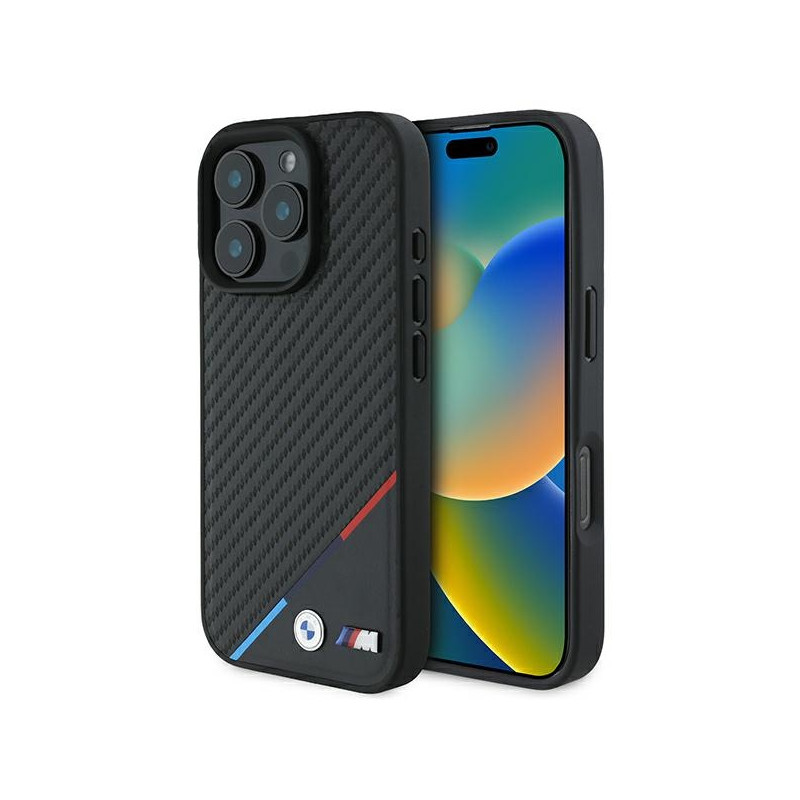 BMW M Carbon Tricolor Line MagSafe dėklas, skirtas iPhone 16 Pro Max – juodas