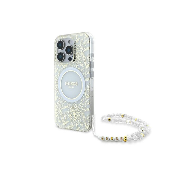 „Guess IML Flowers Allover Electro“ su perlų dirželiu „MagSafe“ dėklas, skirtas „iPhone 16 Pro“ – baltas