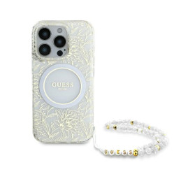 „Guess IML Flowers Allover Electro“ su perlų dirželiu „MagSafe“ dėklas, skirtas „iPhone 16 Pro“ – baltas