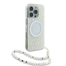 „Guess IML Flowers Allover Electro“ su perlų dirželiu „MagSafe“ dėklas, skirtas „iPhone 16 Pro“ – baltas