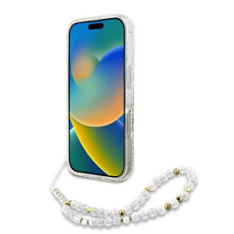 „Guess IML Flowers Allover Electro“ su perlų dirželiu „MagSafe“ dėklas, skirtas „iPhone 16 Pro“ – baltas