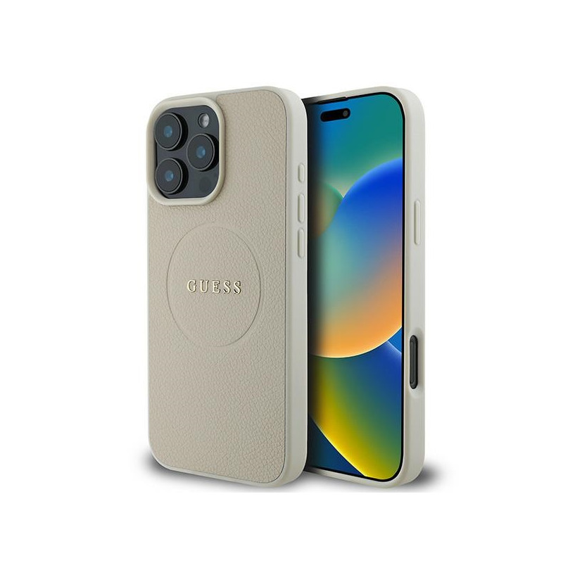 „Guess Grained Ring MagSafe“ dėklas, skirtas „iPhone 16 Pro“ – smėlio spalvos